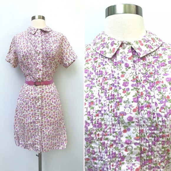 Vintage Dresses & Skirts - Vintage 60’s pink & purple floral cotton button down belted shirt dress